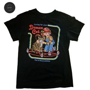 Demon Cat Black Graphic Black Tee Steven Rhodes Caring For Your T-shirt Adult Sm